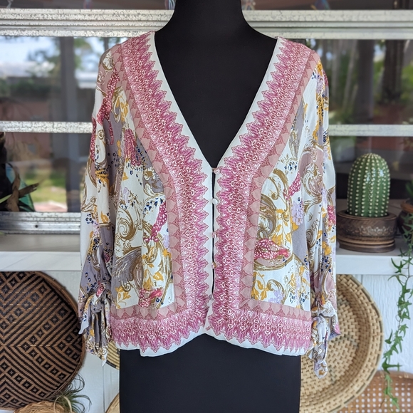 Free People Catch Me If You Can Small Oversized V-neck Peasant Blouse Pastel - Picture 7 of 16